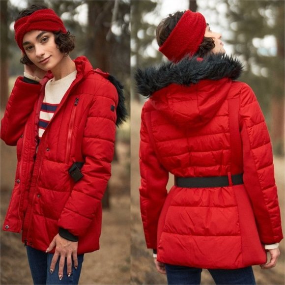 Jackets & Blazers - Fitted Puffer Jacket with Belt and hood red